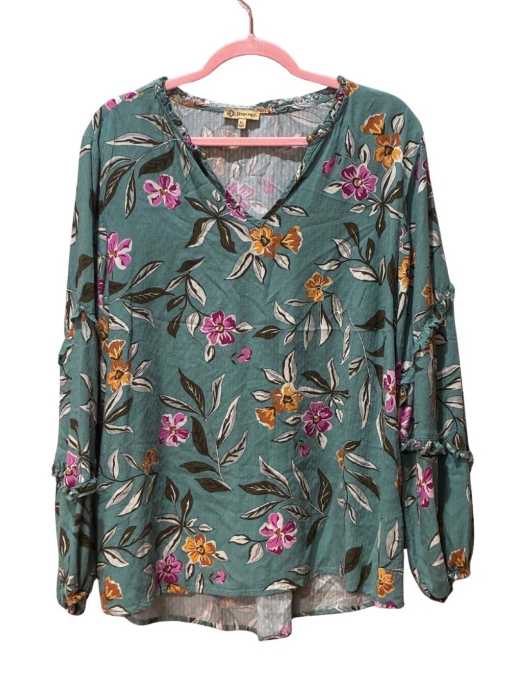 Democracy Teal Fall Long Sleeve Floral Boho Ruffle Sleeve V Neck Blouse XL